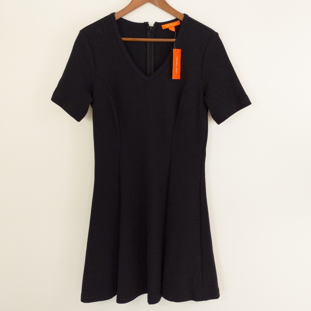 Joe Fresh Black Ribbed V Neck Short Sleeve Fit & Flare Mini Dress Size Small New